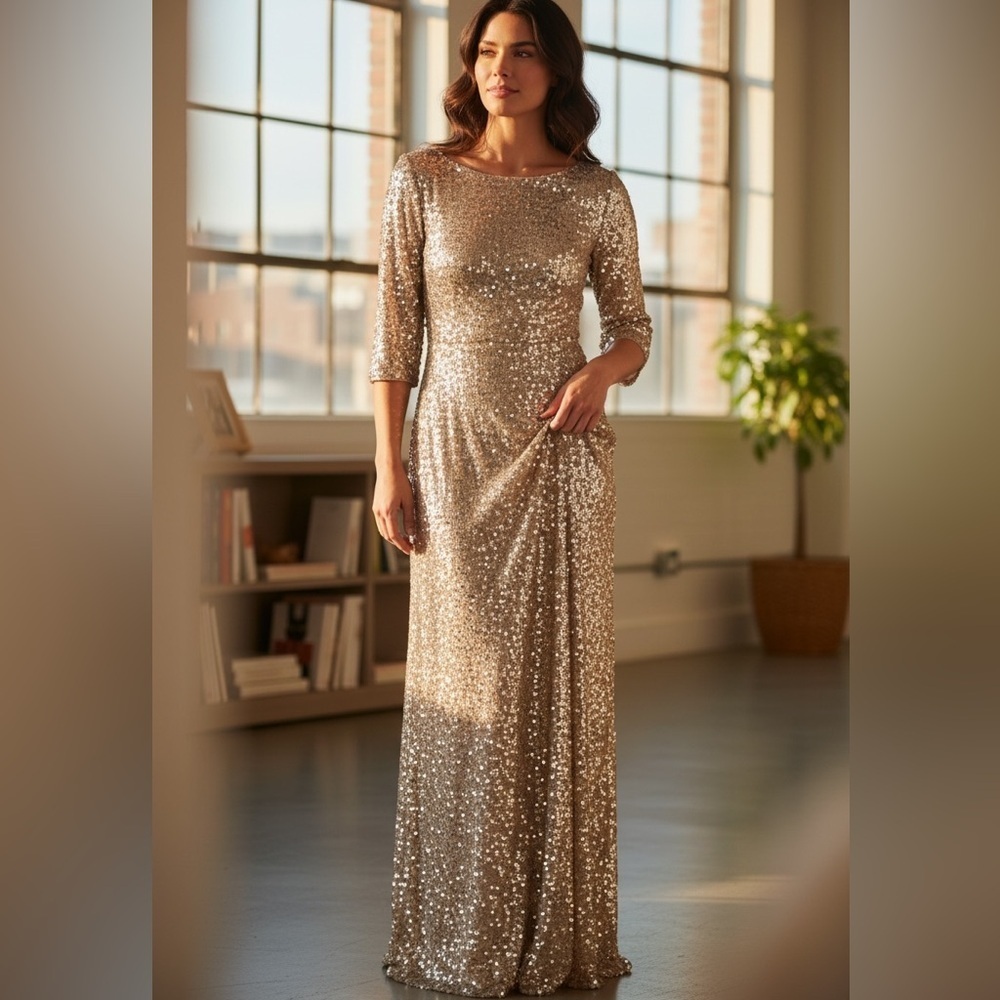 Adrianna Papell Gold Long Sleeve Dress -Formsl Wedding - Size 12